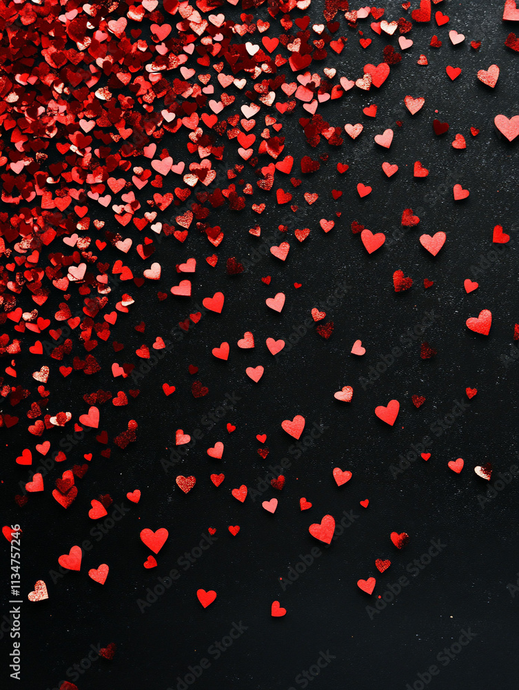 A scattered arrangement of red and pink heart shapes on black. A scattered arrangement of red and pink heart shapes on black.