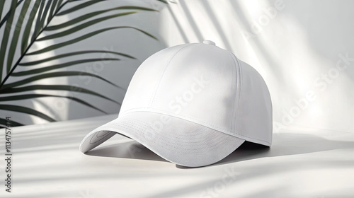 A white baseball cap mockup with no logo, lying on the table in front of a palm leaf shadow, creating an elegant and minimalist atmosphere
