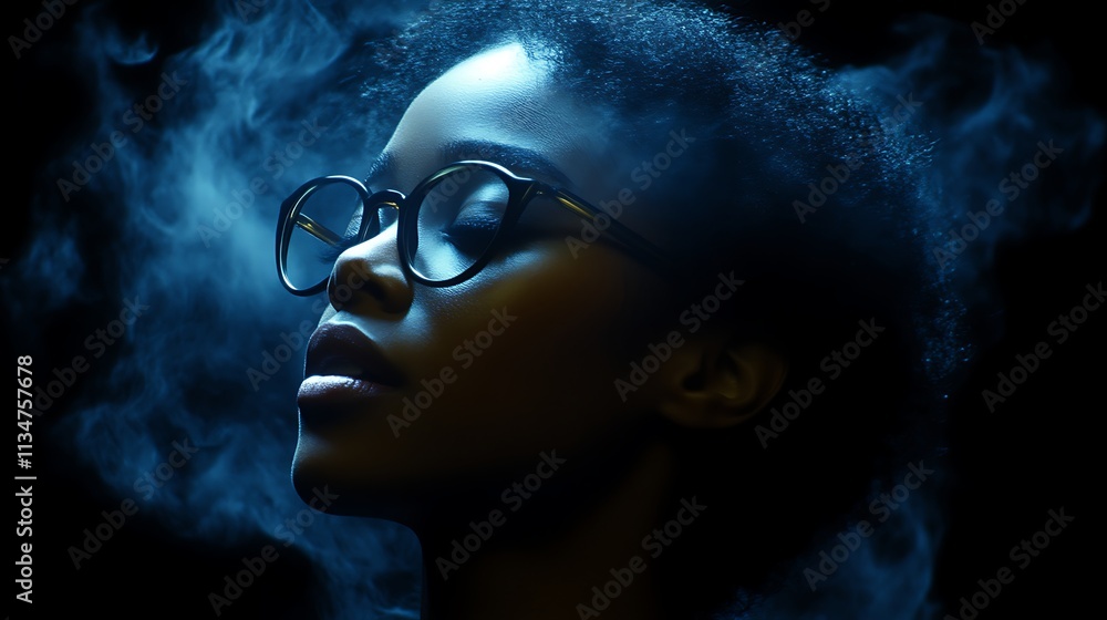 Serene Black woman with glasses in blue smoke. Serene Black woman with glasses in blue smoke.