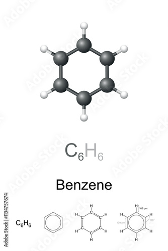 Benzene, benzol, C6H6, molecule model and chemical formula. Organic compound and aromatic hydrocarbon of six carbon atoms joined in a planar hexagonal ring with one hydrogen atom attached to each.