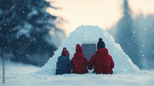 Merry Christmas and festive reunion idea. Children building a snow fort in a winter landscape. photo