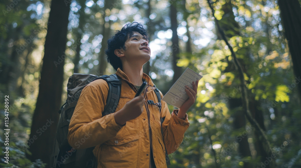 Young Man Hiking in Forest, Studying Map, Backpack, Nature Exploration Young Man Hiking in Forest, Studying Map, Backpack, Nature Exploration