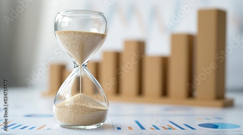 Hourglass and bar graph on financial documents symbolize time management and financial planning in budgeting.