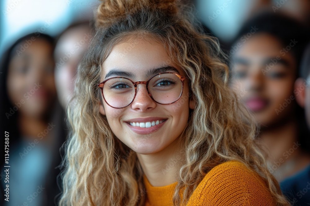 Young woman with curly hair smiles warmly while engaged in a group discussion, showcasing enthusiasm and vibrant energy in a modern indoor setting during daytime Young woman with curly hair smiles warmly while engaged in a group discussion, showcasing enthusiasm and vibrant energy in a modern indoor setting during daytime