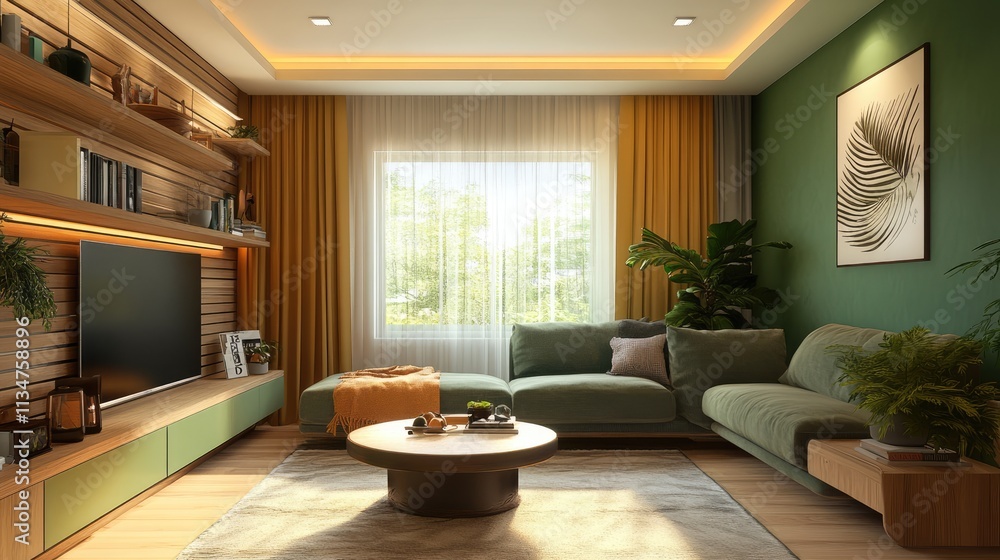 Fototapeta premium Wooden and green living room interior with shelves and poster