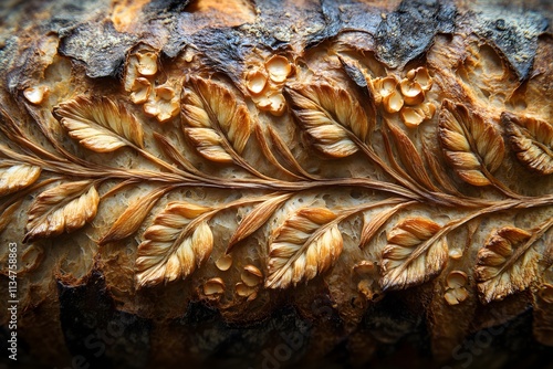 Freshly baked bread with decorative carving of leaves and flowers 