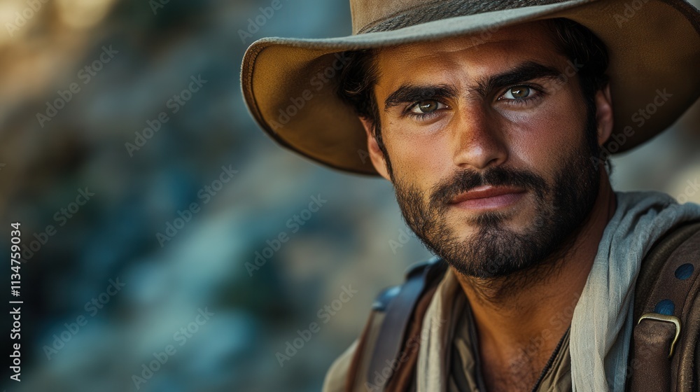 Captivating portrait of a bearded young man wearing a wide-brimmed hat, showcasing rugged features against a rocky wilderness backdrop during daylight Captivating portrait of a bearded young man wearing a wide-brimmed hat, showcasing rugged features against a rocky wilderness backdrop during daylight