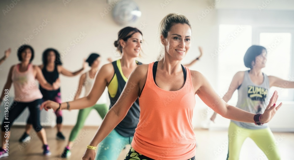 Obraz premium Young caucasian women in energetic dance class with diverse group