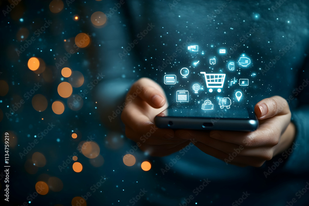Hands holding phone, online shopping icons. Hands holding phone, online shopping icons.