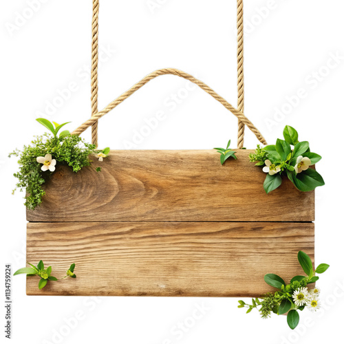 Rustic Wooden Signboard with Floral and Greenery Accents isolated on the white background photo