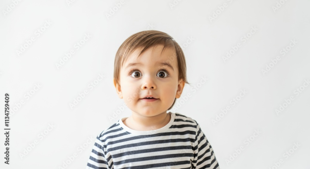 Curious caucasian male toddler in striped shirt with surprised expression Curious caucasian male toddler in striped shirt with surprised expression