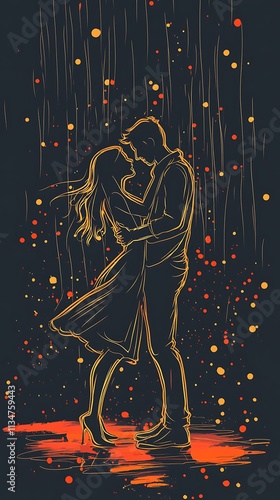 Line art of a couple dancing in the rain, minimalist style with bright splashes 