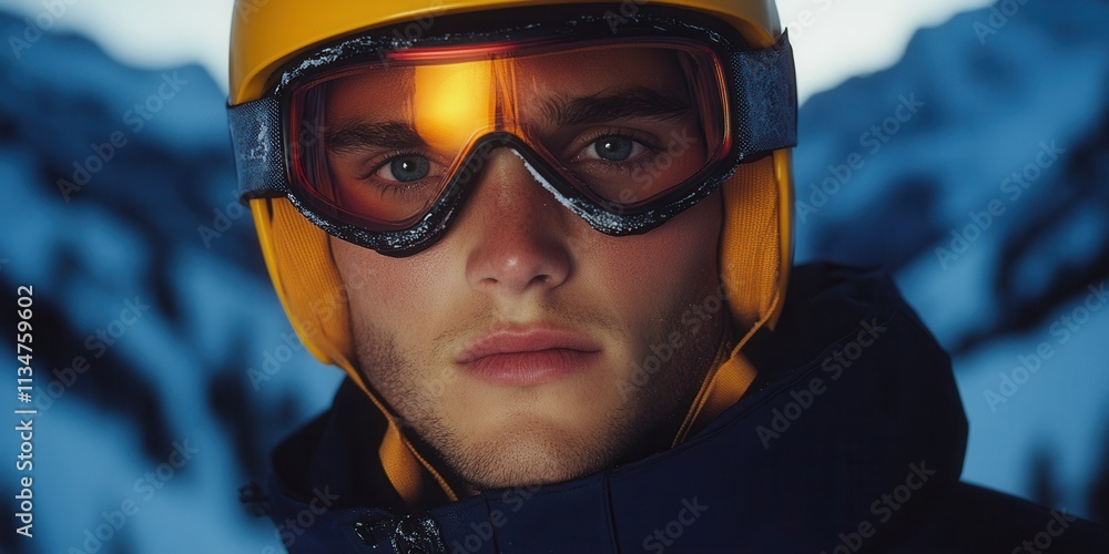 Young skier poses confidently in the mountains during the golden hour highlighting intense focus and determination Young skier poses confidently in the mountains during the golden hour highlighting intense focus and determination