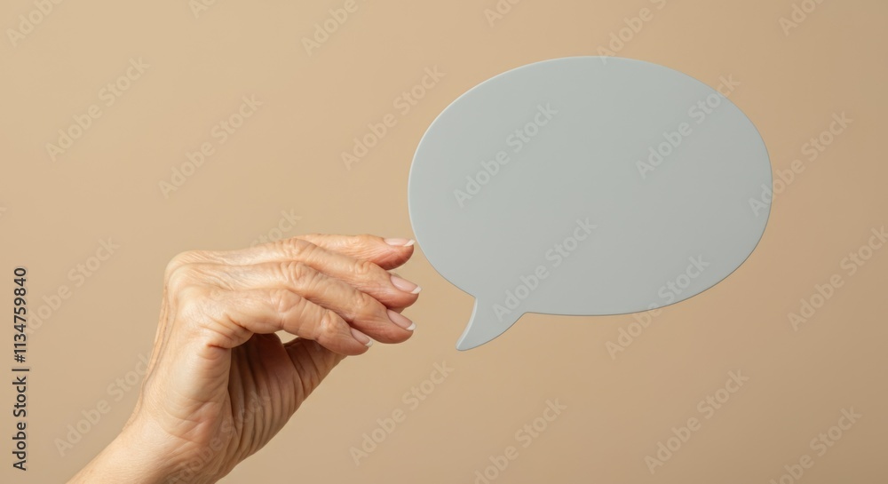 Elderly caucasian female hand holding speech bubble on beige background Elderly caucasian female hand holding speech bubble on beige background