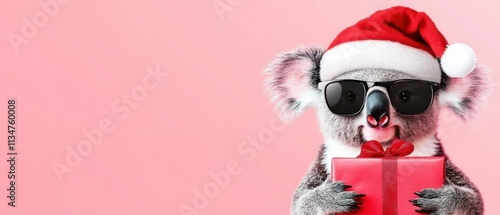 Cool Koala in Santa Hat Holding Christmas Gift on Pink Background photo