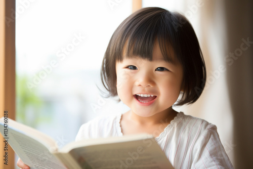 本を読む笑顔の子ども
