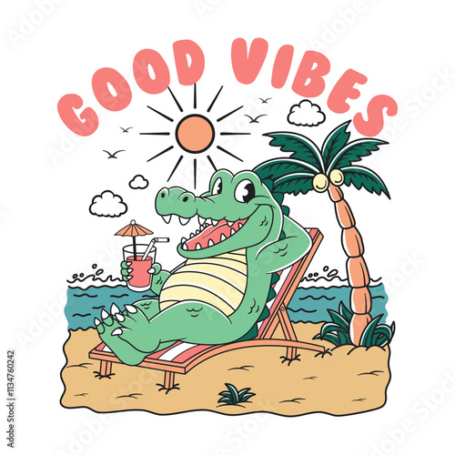 Crocodile good vibes cute retro cartoon vector hand drawn cute retro cartoon vector hand drawn