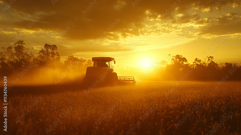 Fototapeta premium Harvesting at sunset; golden hour light illuminating combine harvester in a wheat field.