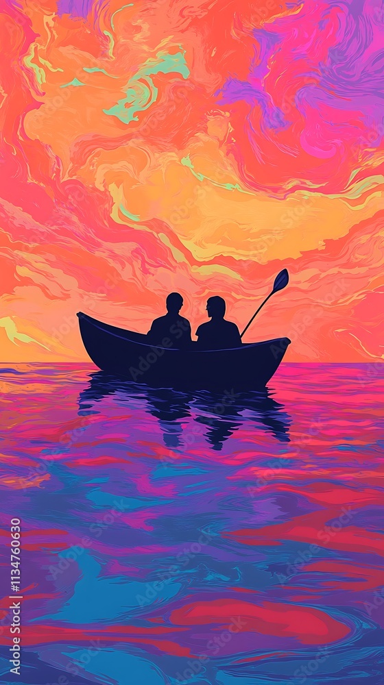 Line art of a couple sharing a boat ride, minimalist style with bright water hues Line art of a couple sharing a boat ride, minimalist style with bright water hues