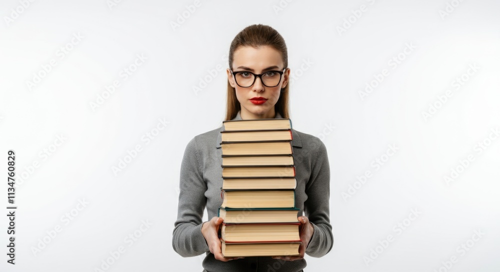 Young caucasian female holding a stack of books on a white background Young caucasian female holding a stack of books on a white background