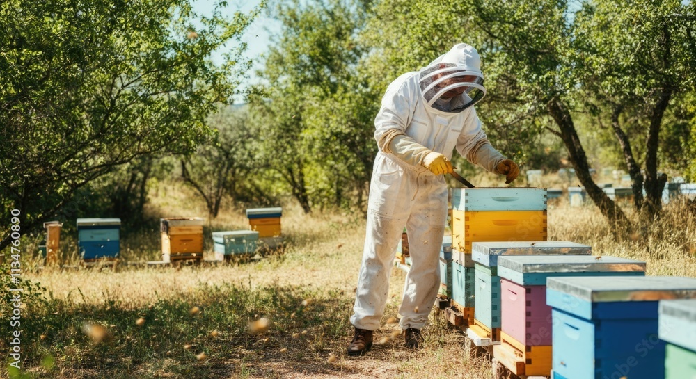Beekeeper in protective gear tending colorful beehives in sunny meadow Beekeeper in protective gear tending colorful beehives in sunny meadow