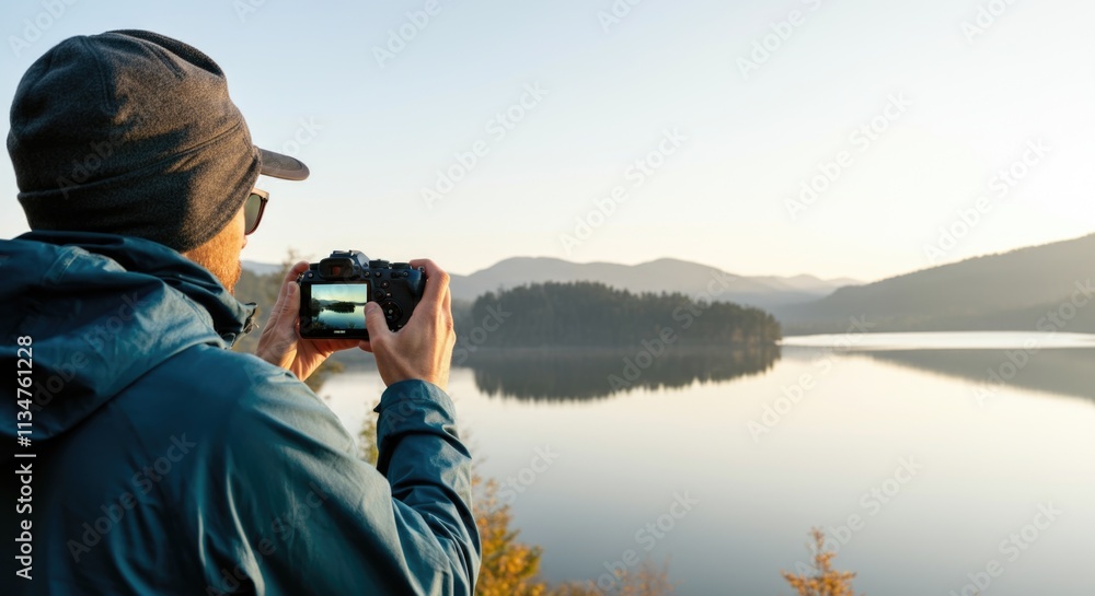 Obraz premium Male photographer capturing scenic lake view at sunrise with mountains in background