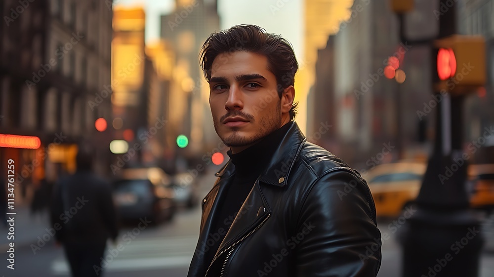 Man in Leather Jacket Urban City Setting Man in Leather Jacket Urban City Setting