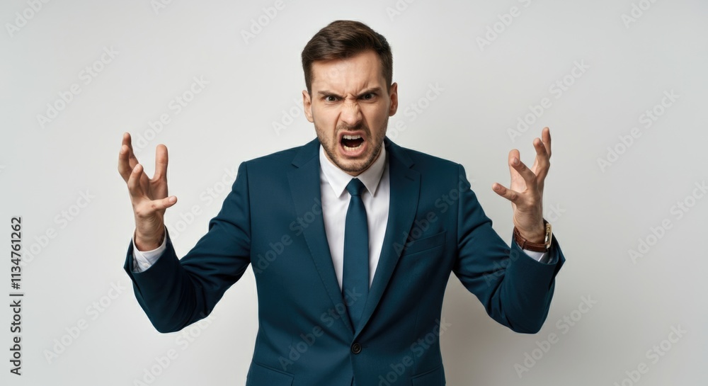 Angry caucasian male adult in suit expressing frustration with raised hands Angry caucasian male adult in suit expressing frustration with raised hands