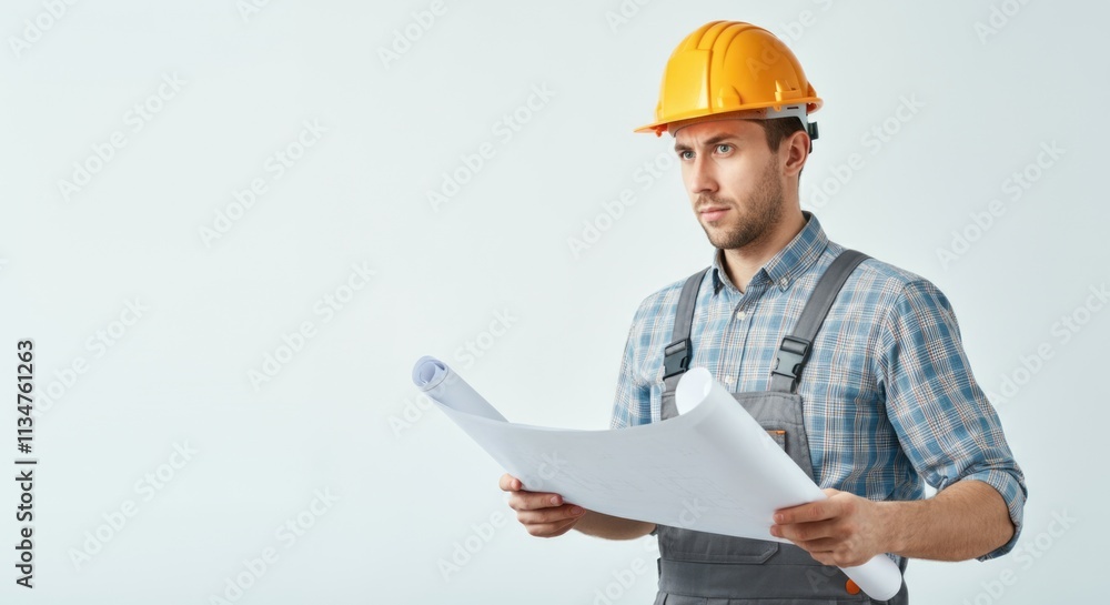 Caucasian male engineer analyzing blueprints wearing safety helmet Caucasian male engineer analyzing blueprints wearing safety helmet