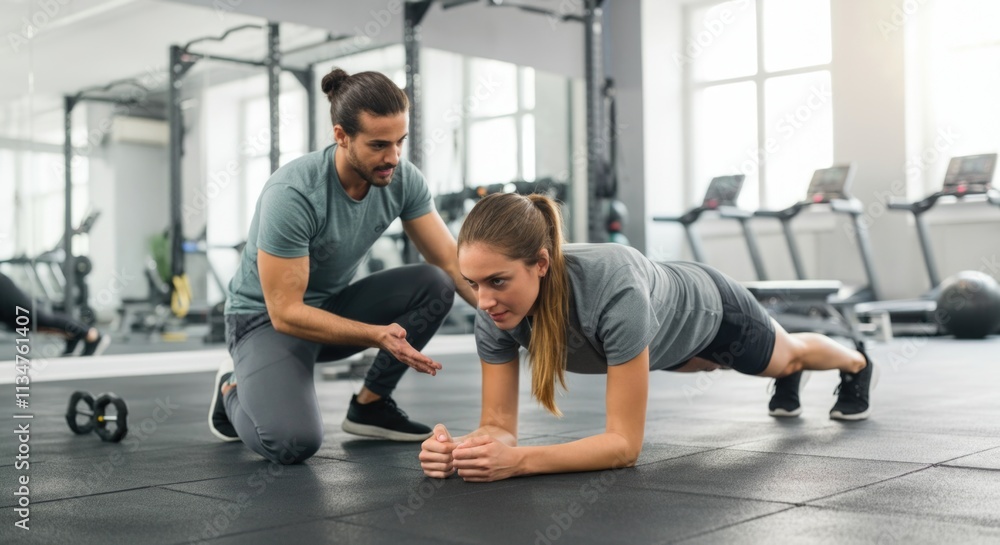 Male trainer coaching young caucasian woman in plank exercise at gym Male trainer coaching young caucasian woman in plank exercise at gym