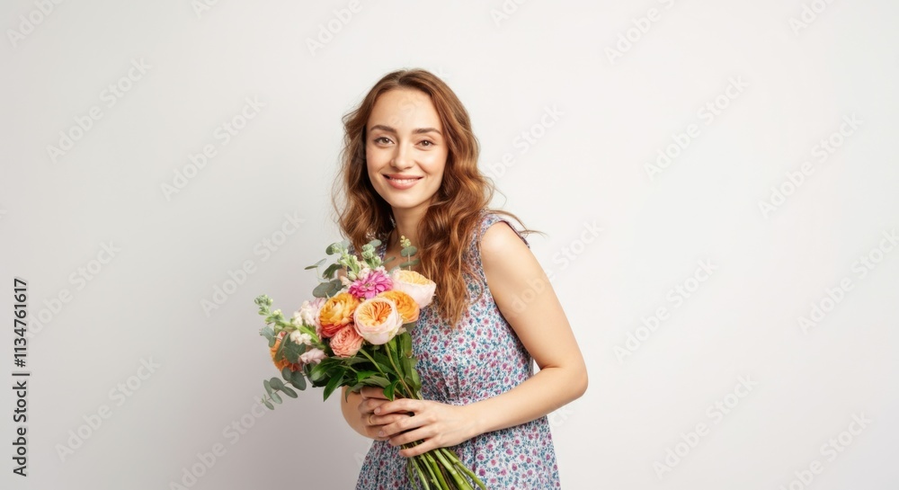 Smiling young caucasian female holding colorful bouquet against white background Smiling young caucasian female holding colorful bouquet against white background