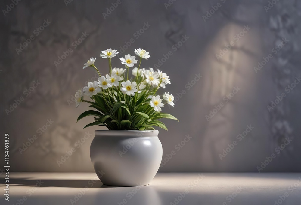 A tiny white flower blooms in a small ceramic pot on a grey wall with a bright light shining from above, grey walls, spotlight illumination A tiny white flower blooms in a small ceramic pot on a grey wall with a bright light shining from above, grey walls, spotlight illumination