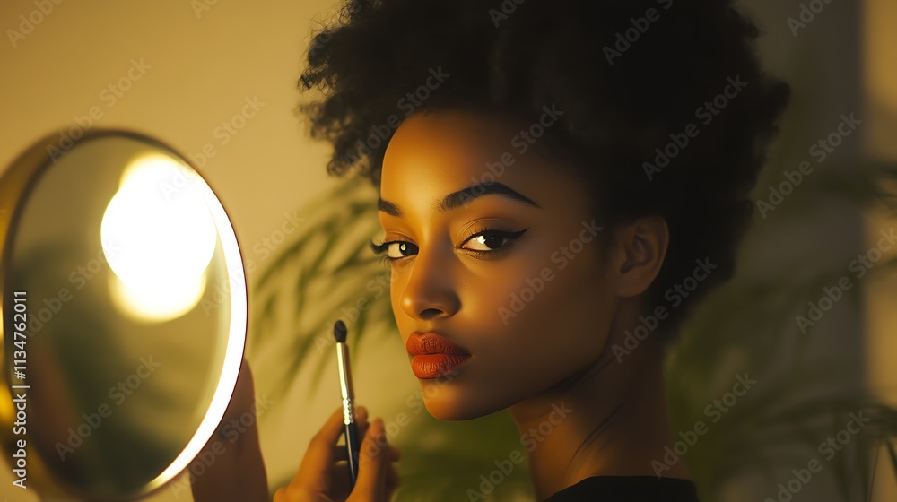 Fototapeta premium Woman applying makeup looking in mirror