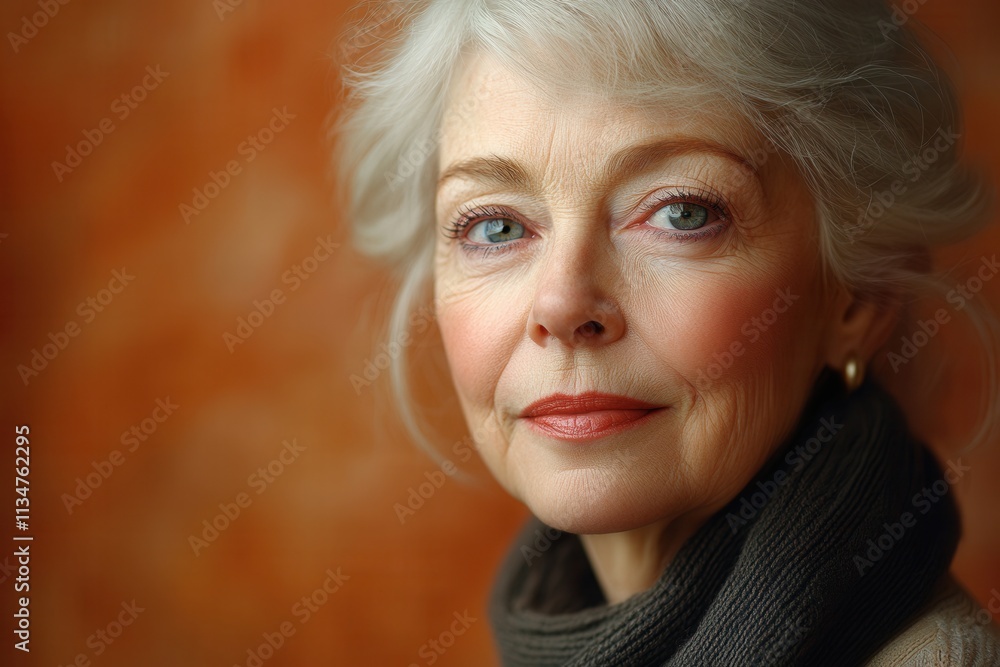 Portrait of a mature woman with silver hair wearing a scarf, gazing thoughtfully against a warm, textured background in soft lighting Portrait of a mature woman with silver hair wearing a scarf, gazing thoughtfully against a warm, textured background in soft lighting