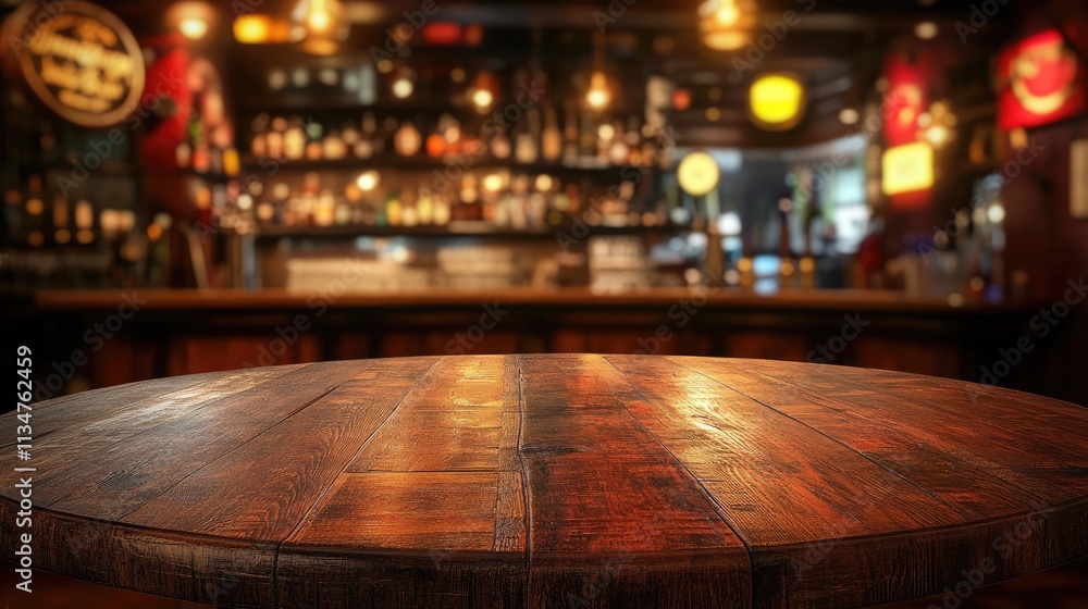 Wooden round table and pub or bar blur background Wooden round table and pub or bar blur background