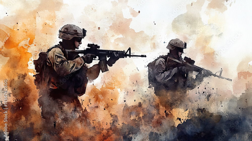 two soldiers engaged in combat, with a background of smoke and fire two soldiers engaged in combat, with a background of smoke and fire