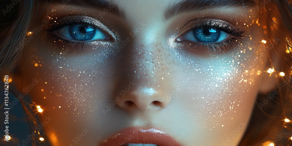 Captivating close-up of a young woman with mesmerizing blue eyes and shimmering makeup surrounded by soft sparkling lights during an evening event Captivating close-up of a young woman with mesmerizing blue eyes and shimmering makeup surrounded by soft sparkling lights during an evening event