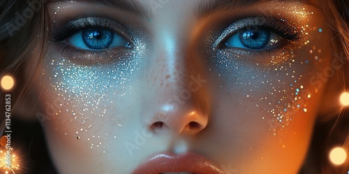 Sparkling beauty with captivating blue eyes and shimmering makeup under soft lighting during an artistic photoshoot