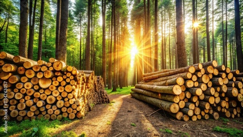 Sunlight filters through a dense forest, illuminating stacks of freshly cut logs, creating a stark contrast between nature's beauty and human intervention.