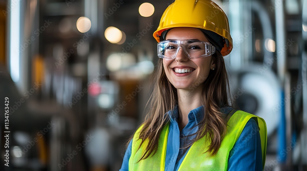 Smiling female engineer in hard hat and high-vis vest, on-site Smiling female engineer in hard hat and high-vis vest, on-site