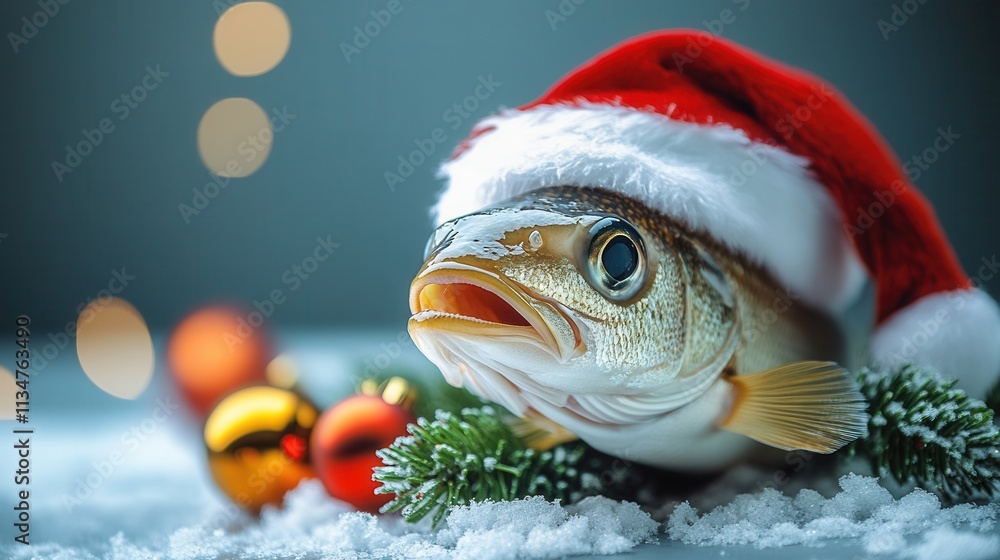 Fish wearing a festive Santa hat surrounded by holiday ornaments and snow creates a whimsical winter scene Fish wearing a festive Santa hat surrounded by holiday ornaments and snow creates a whimsical winter scene