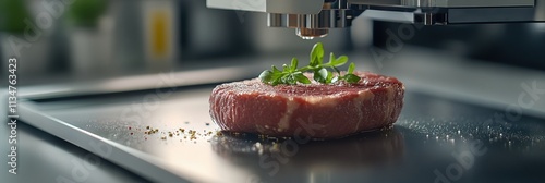 A 3D food printer is skillfully crafting a plant-based steak, showcasing innovative culinary technology in a sleek kitchen environment. Generative AI photo