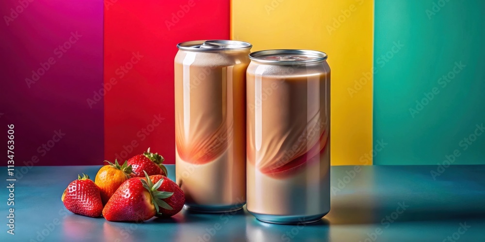 Obraz premium Two aluminum cans of creamy beverage with strawberry reflections on the side, positioned in front of a colorful backdrop.