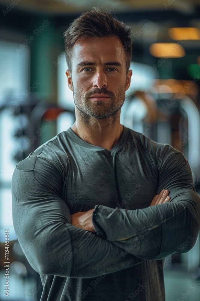 Muscular man posing confidently in a gym setting showcasing strength and determination during workout session Muscular man posing confidently in a gym setting showcasing strength and determination during workout session