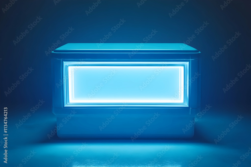 Illuminated blue display stand, empty, futuristic design. Illuminated blue display stand, empty, futuristic design.