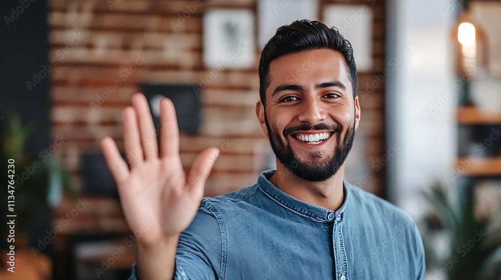 Smiling Hispanic employee making hello gesture, welcoming colleague Smiling Hispanic employee making hello gesture, welcoming colleague