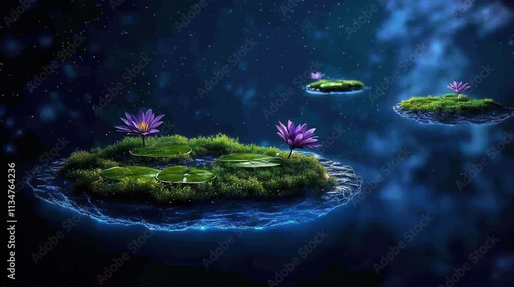 Fototapeta premium Enchanted Floating Island with Glowing Lotus Flowers under Starry Night Sky