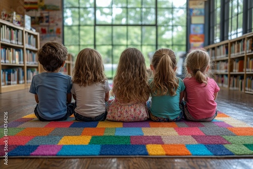 A group of children sitting on a colorful carpet in the library. Generative AI