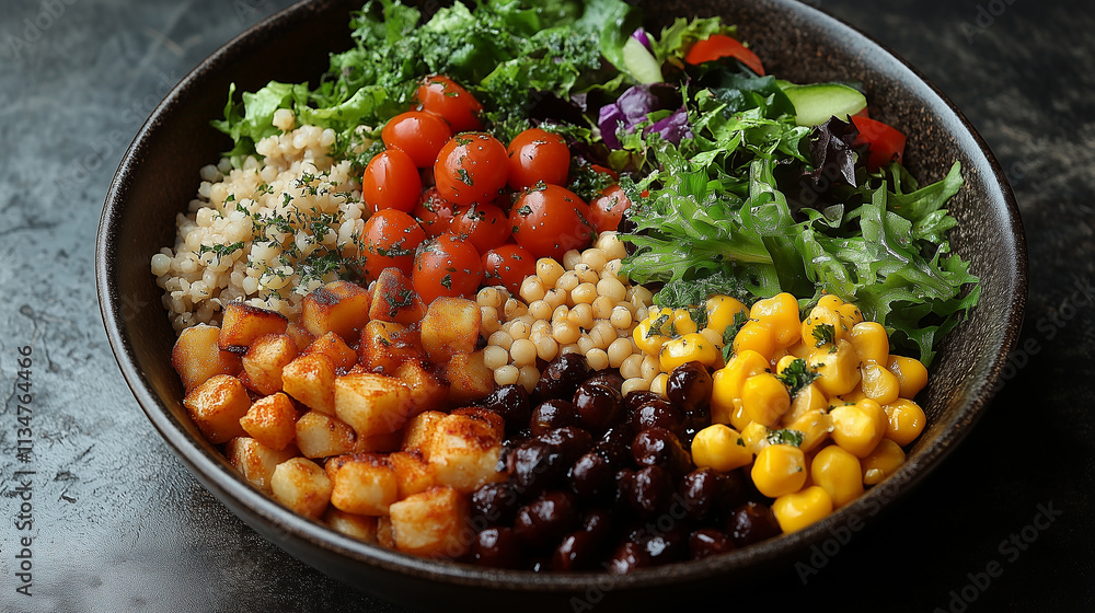 Vibrant top-down view of a fresh, colorful salad bowl featuring diverse ingredients and textures Vibrant top-down view of a fresh, colorful salad bowl featuring diverse ingredients and textures