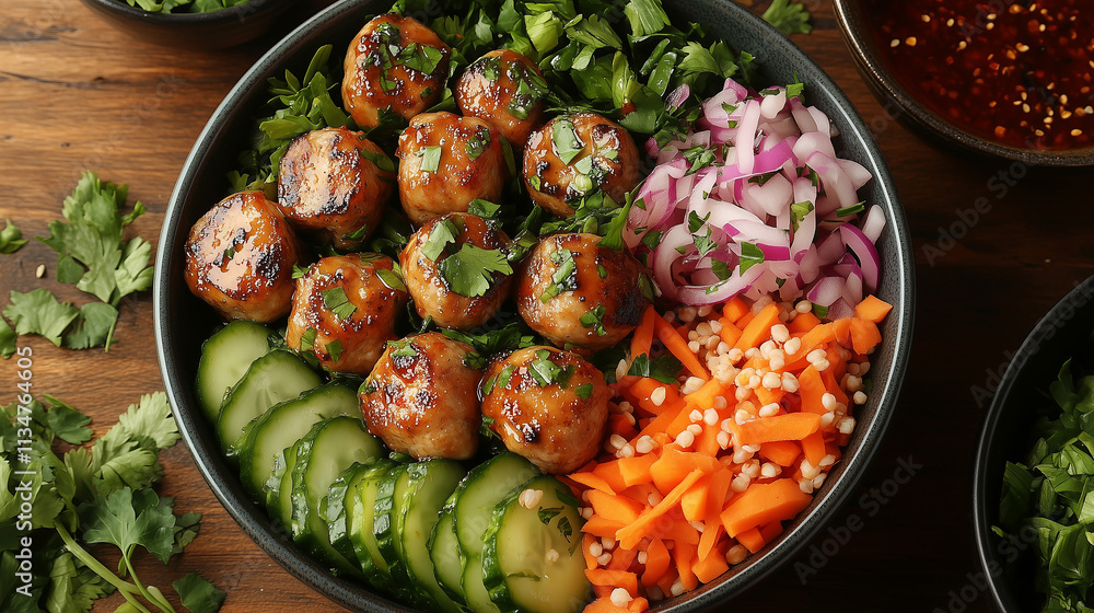 Vibrant top-down view of a colorful bowl featuring fresh vegetables and savory meatballs prepared with aromatic herbs and spices Vibrant top-down view of a colorful bowl featuring fresh vegetables and savory meatballs prepared with aromatic herbs and spices